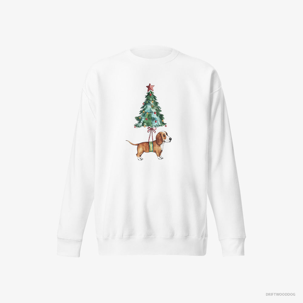 Basset Hound Sweatshirt – Women White Sweatshirt Eco-Friendly – as a Cute Christmas Tree Decoration (on White Background)