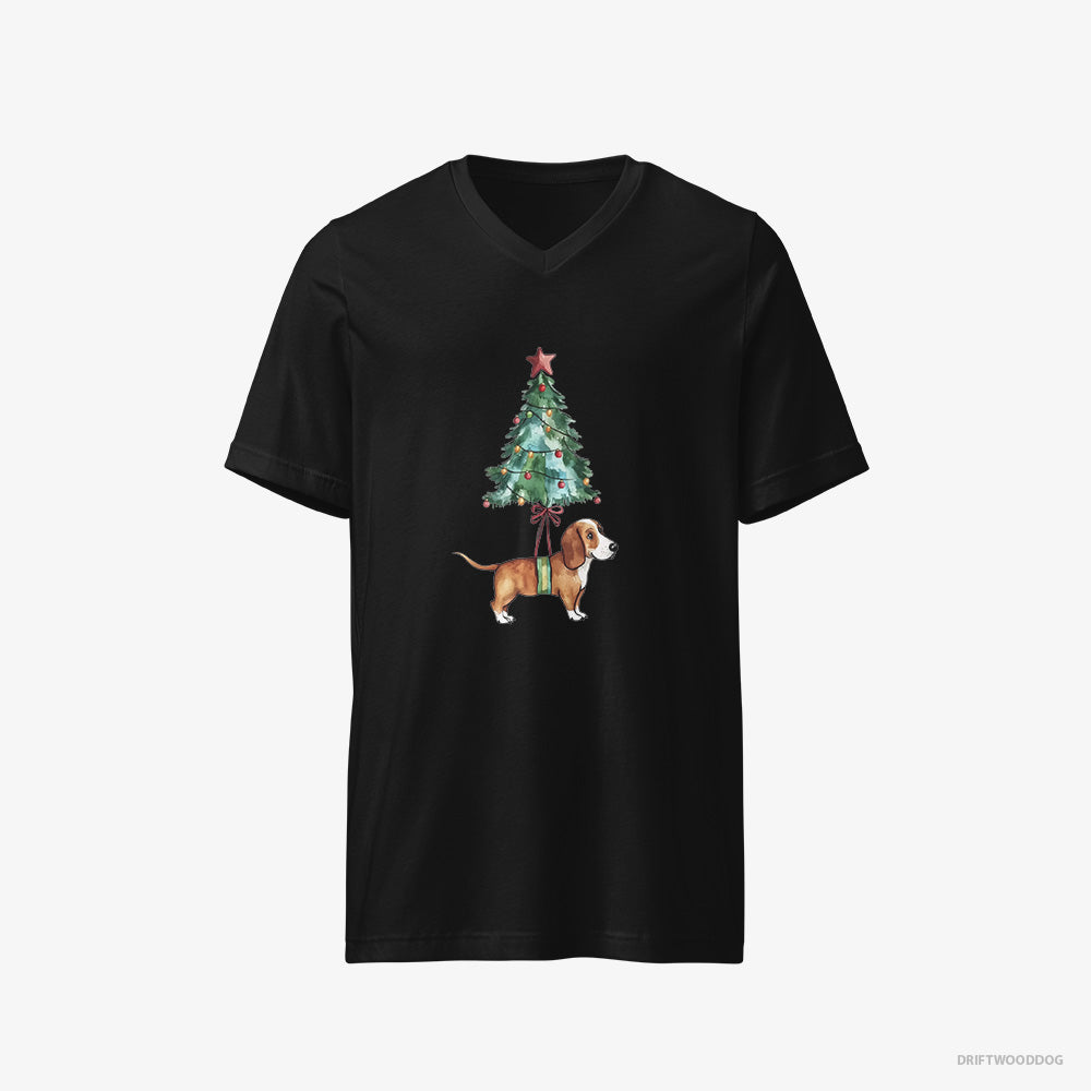 Basset Hound T-Shirt – Men Black T-Shirt V-Neck – as a Cute Christmas Tree Decoration (on White Background)