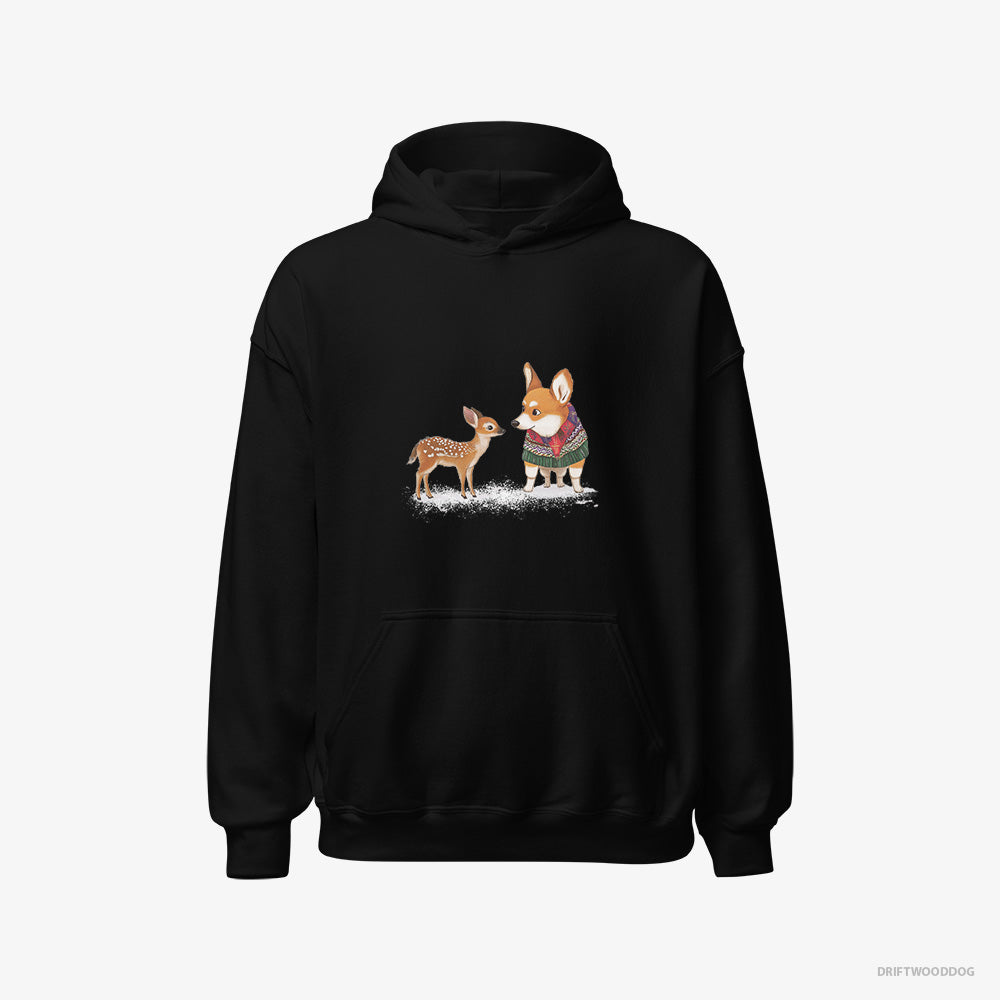 Corgi Hoodie – Women Black Hoodie Classic – with a Reindeer Calf (on White Background)