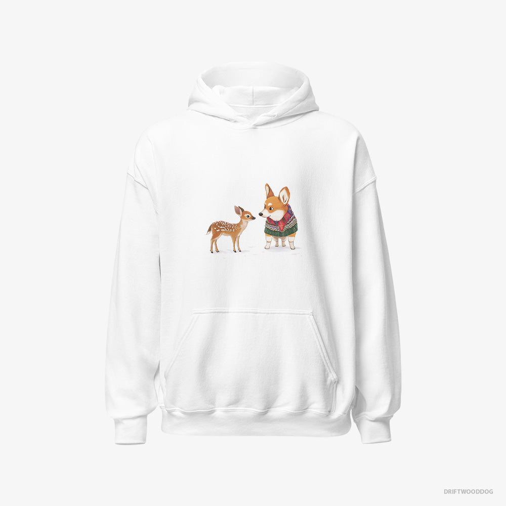 Corgi Hoodie – Women White Hoodie Classic – with a Reindeer Calf (on White Background)