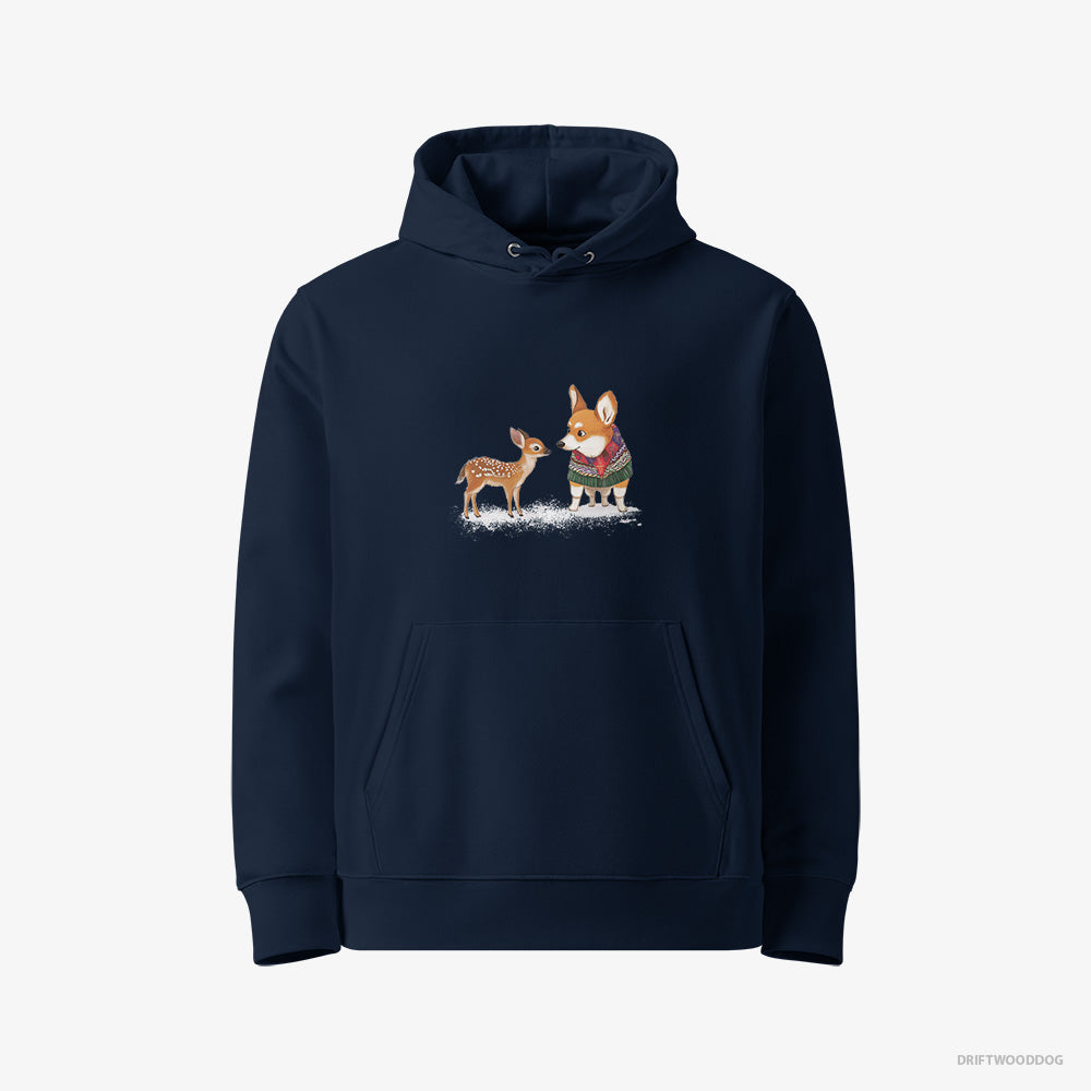 Corgi Hoodie – Women Navy Hoodie Eco-Friendly – with a Reindeer Calf (on White Background)