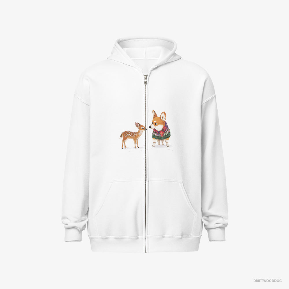 Corgi Hoodie – Men White Hoodie Full-Zip – with a Reindeer Calf (on White Background)