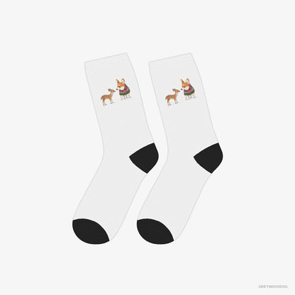 Corgi Socks – Unisex White Socks Classic – with a Reindeer Calf (on White Background)