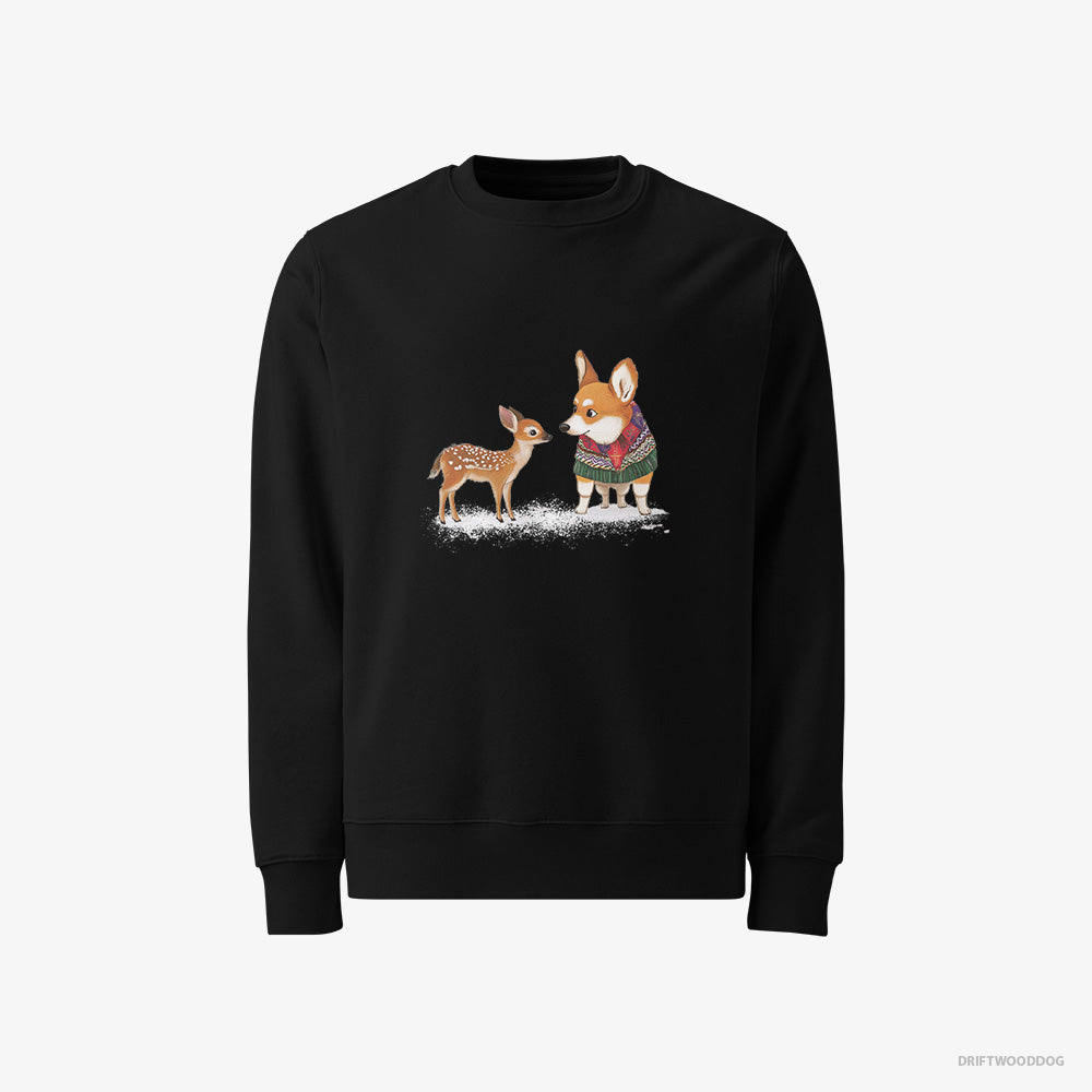 Corgi Sweatshirt – Men Black Sweatshirt Classic – with a Reindeer Calf (on White Background)