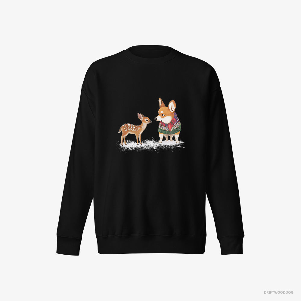 Corgi Sweatshirt – Women Black Sweatshirt Eco-Friendly – with a Reindeer Calf (on White Background)