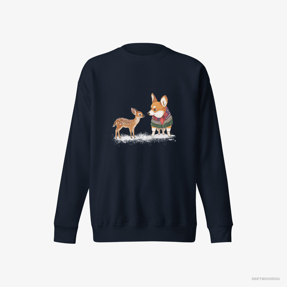 Corgi Sweatshirt – Women Navy Sweatshirt Eco-Friendly – with a Reindeer Calf (on White Background)