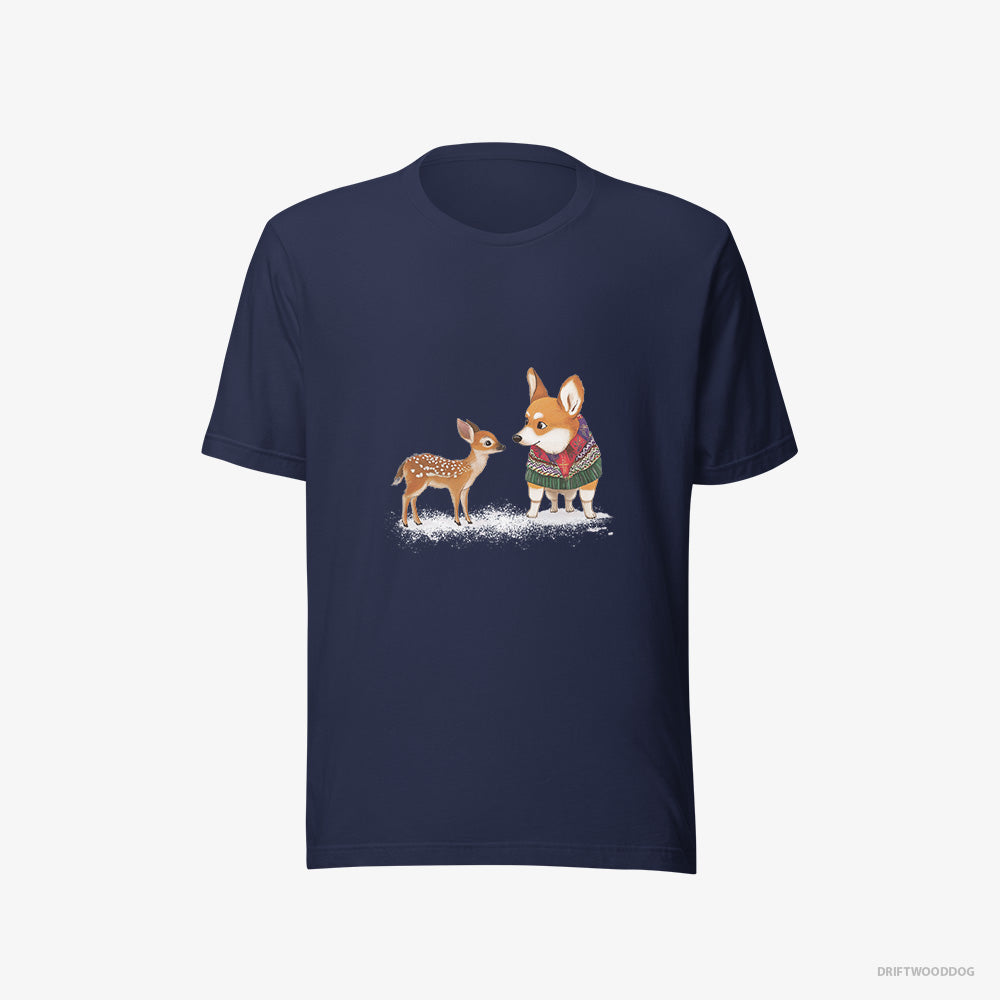 Corgi T-Shirt – Men Navy T-Shirt Eco-Friendly – with a Reindeer Calf (on White Background)