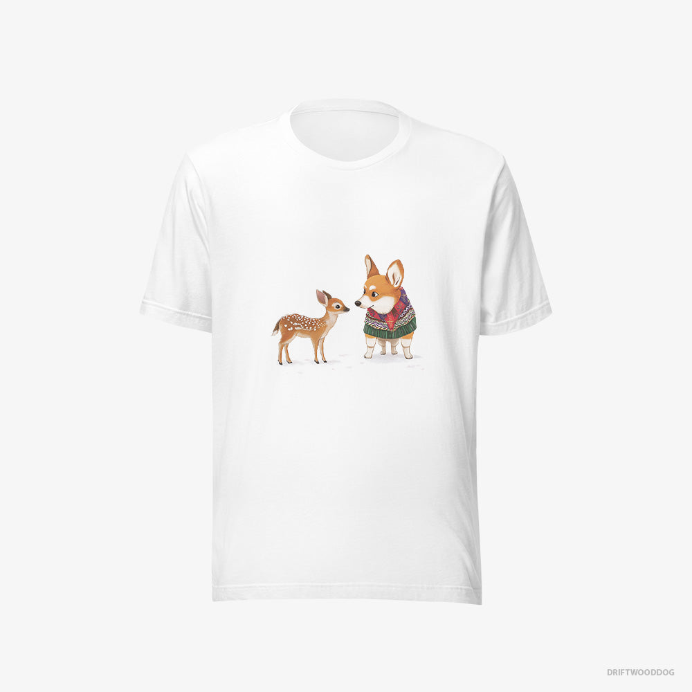 Corgi T-Shirt – Men White T-Shirt Eco-Friendly – with a Reindeer Calf (on White Background)