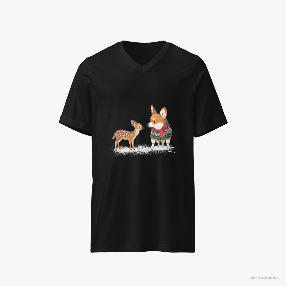 Corgi T-Shirt – Men Black T-Shirt V-Neck – with a Reindeer Calf (on White Background)