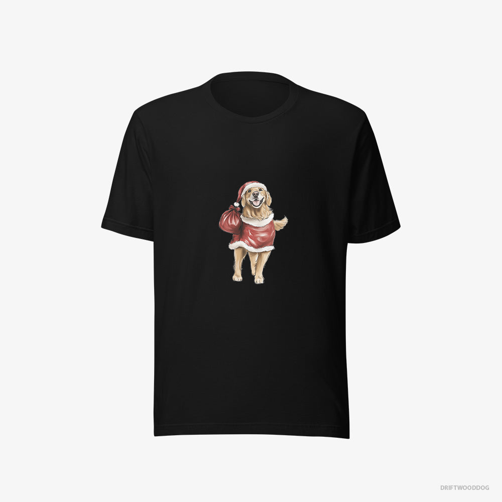 Golden Retriever T-Shirt – Women Black T-Shirt Eco-Friendly – Playing Santa (on White Background)