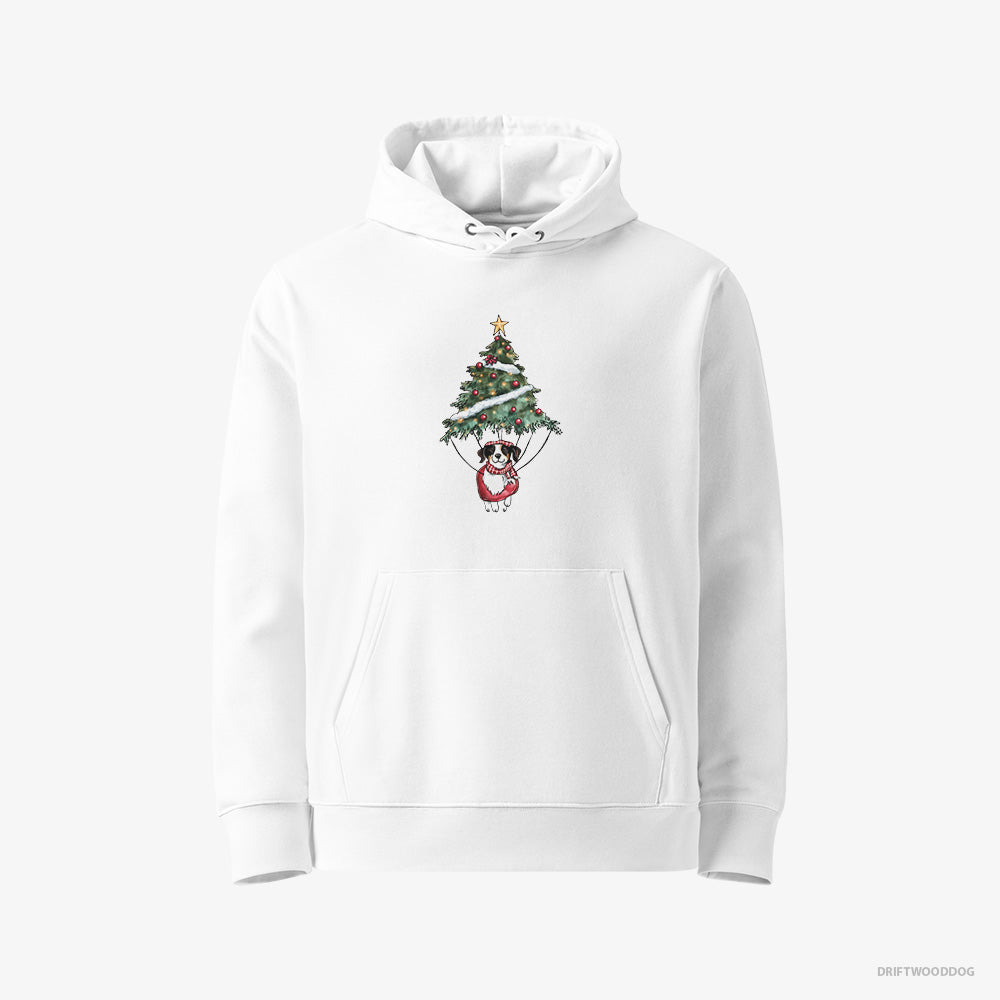 Border Collie Hoodie – Women White Hoodie Eco-Friendly – Perched on the Christmas Tree (on White Background)