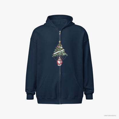 Border Collie Hoodie – Men Navy Hoodie Full-Zip – Perched on the Christmas Tree (on White Background)