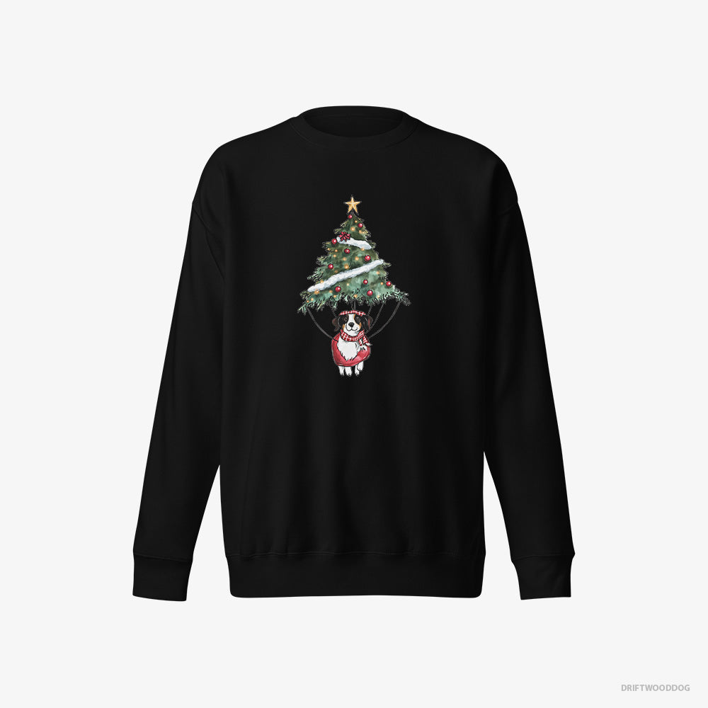 Border Collie Sweatshirt – Women Black Sweatshirt Eco-Friendly – Perched on the Christmas Tree (on White Background)