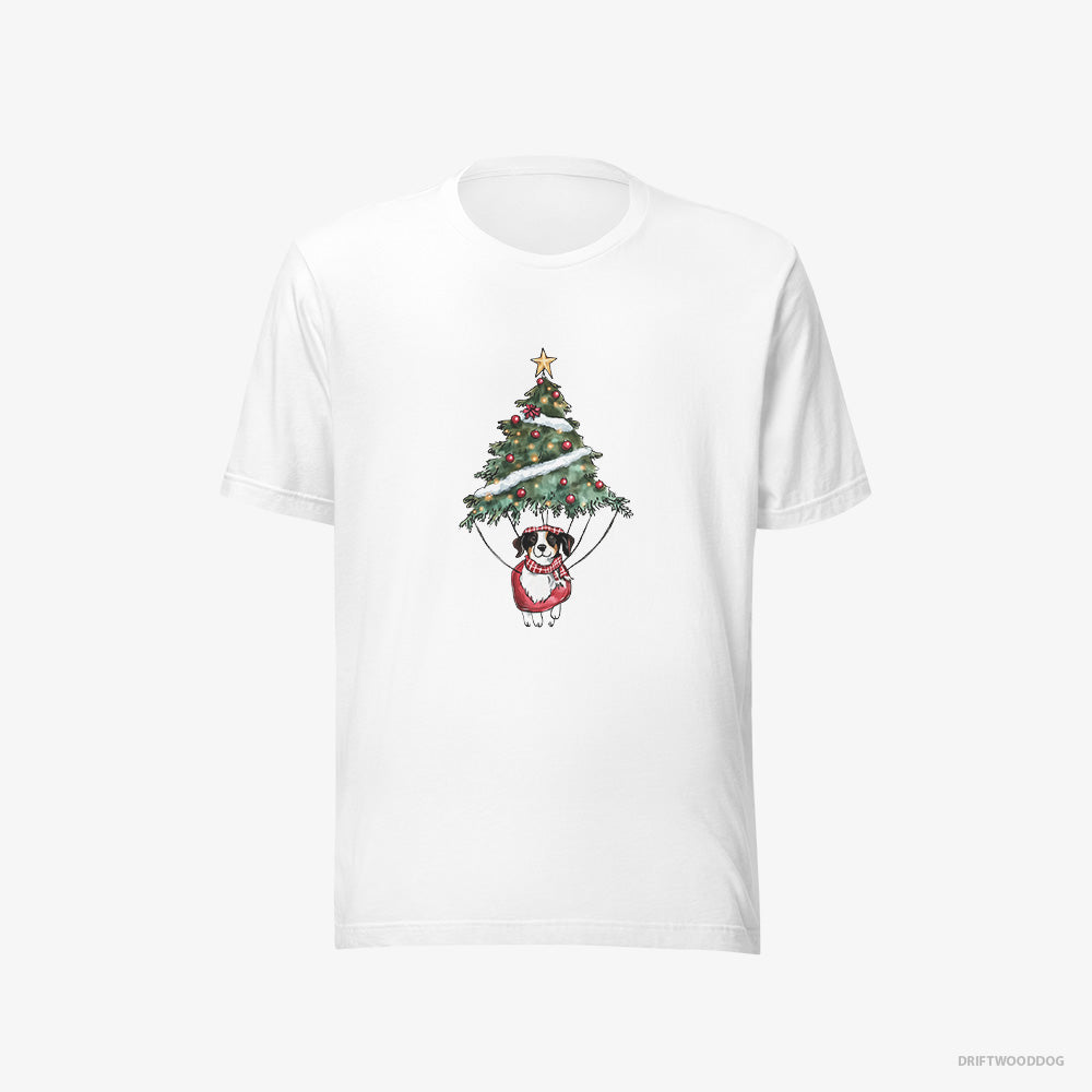 Border Collie T-Shirt – Men White T-Shirt Eco-Friendly – Perched on the Christmas Tree (on White Background)