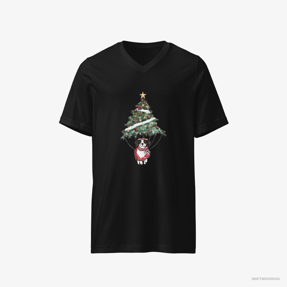 Border Collie T-Shirt – Men Black T-Shirt V-Neck – Perched on the Christmas Tree (on White Background)