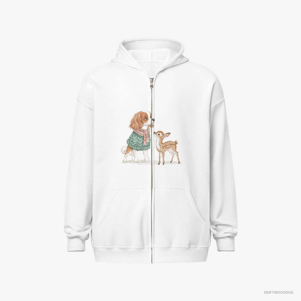 Cavalier King Charles Spaniel Hoodie – Men White Hoodie Full-Zip – with a Fawn by Side (on White Background)