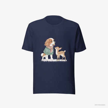 Cavalier King Charles Spaniel T-Shirt – Men Navy T-Shirt Eco-Friendly – with a Fawn by Side (on White Background)