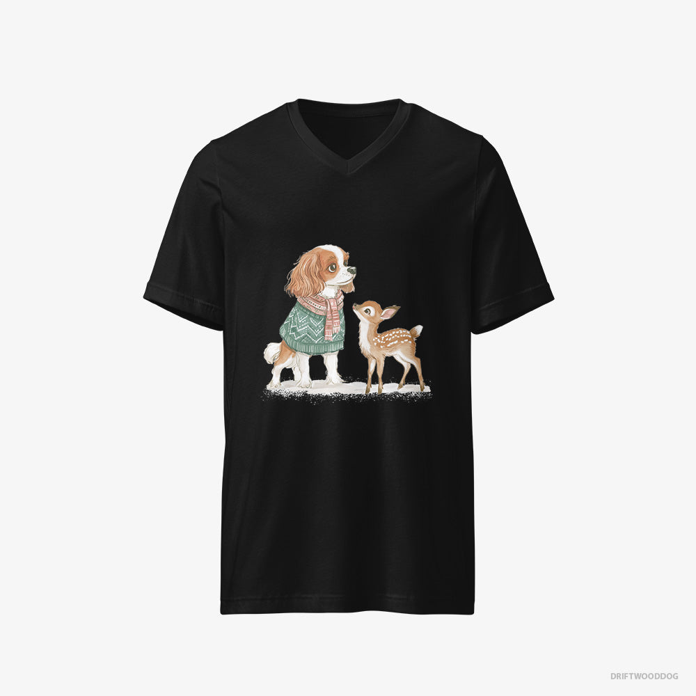 Cavalier King Charles Spaniel T-Shirt – Men Black T-Shirt V-Neck – with a Fawn by Side (on White Background)