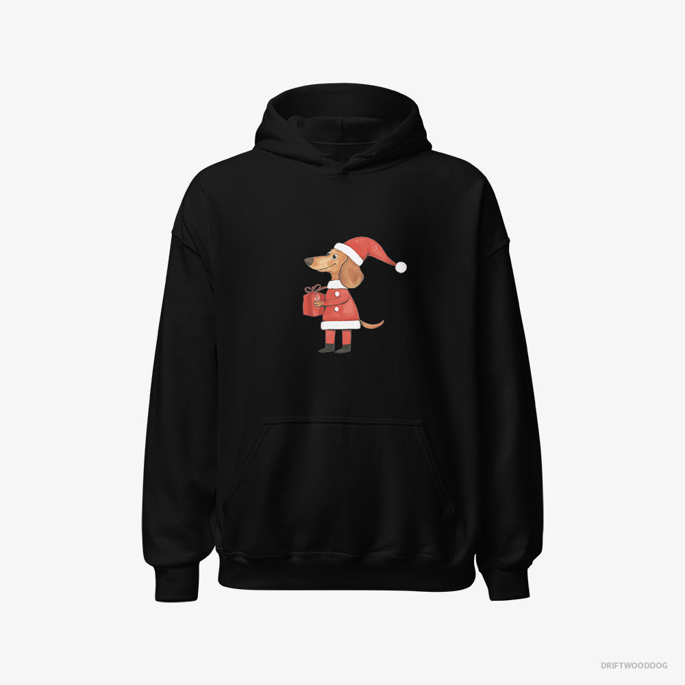 Dachshund Hoodie – Women Black Hoodie Classic – Dressed as Santa with a Christmas Present (on White Background)