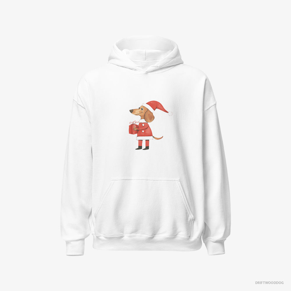 Dachshund Hoodie – Women White Hoodie Classic – Dressed as Santa with a Christmas Present (on White Background)