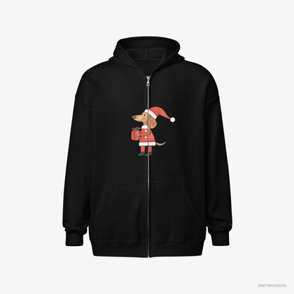 Dachshund Hoodie – Women Black Hoodie Full-Zip – Dressed as Santa with a Christmas Present (on White Background)