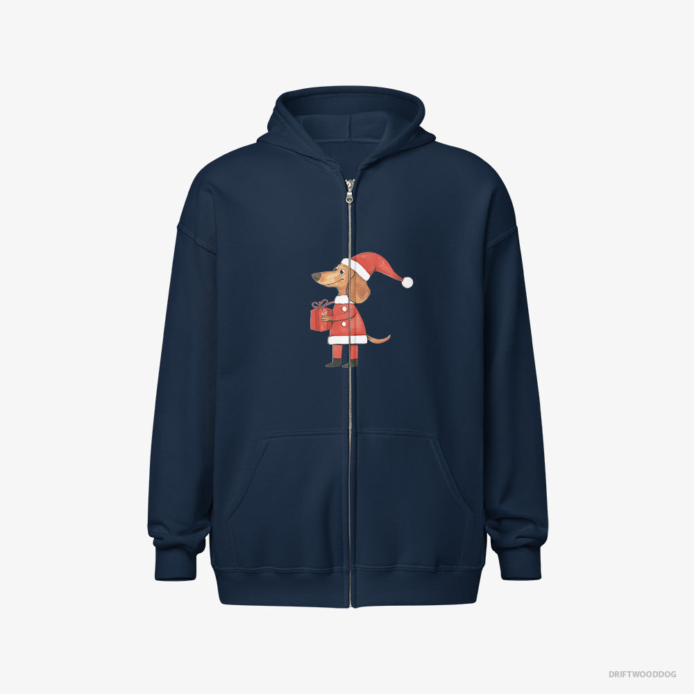 Dachshund Hoodie – Women Navy Hoodie Full-Zip – Dressed as Santa with a Christmas Present (on White Background)