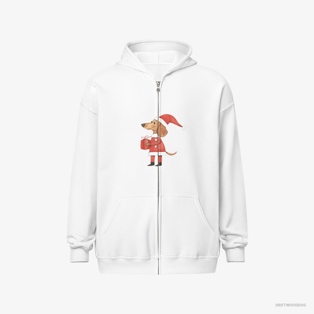 Dachshund Hoodie – Women White Hoodie Full-Zip – Dressed as Santa with a Christmas Present (on White Background)