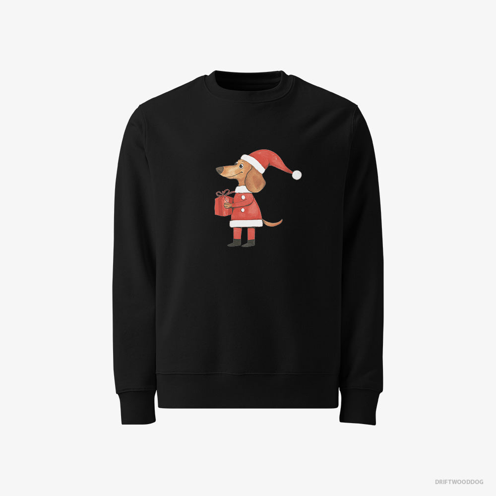 Dachshund Sweatshirt – Women Black Sweatshirt Classic – Dressed as Santa with a Christmas Present (on White Background)