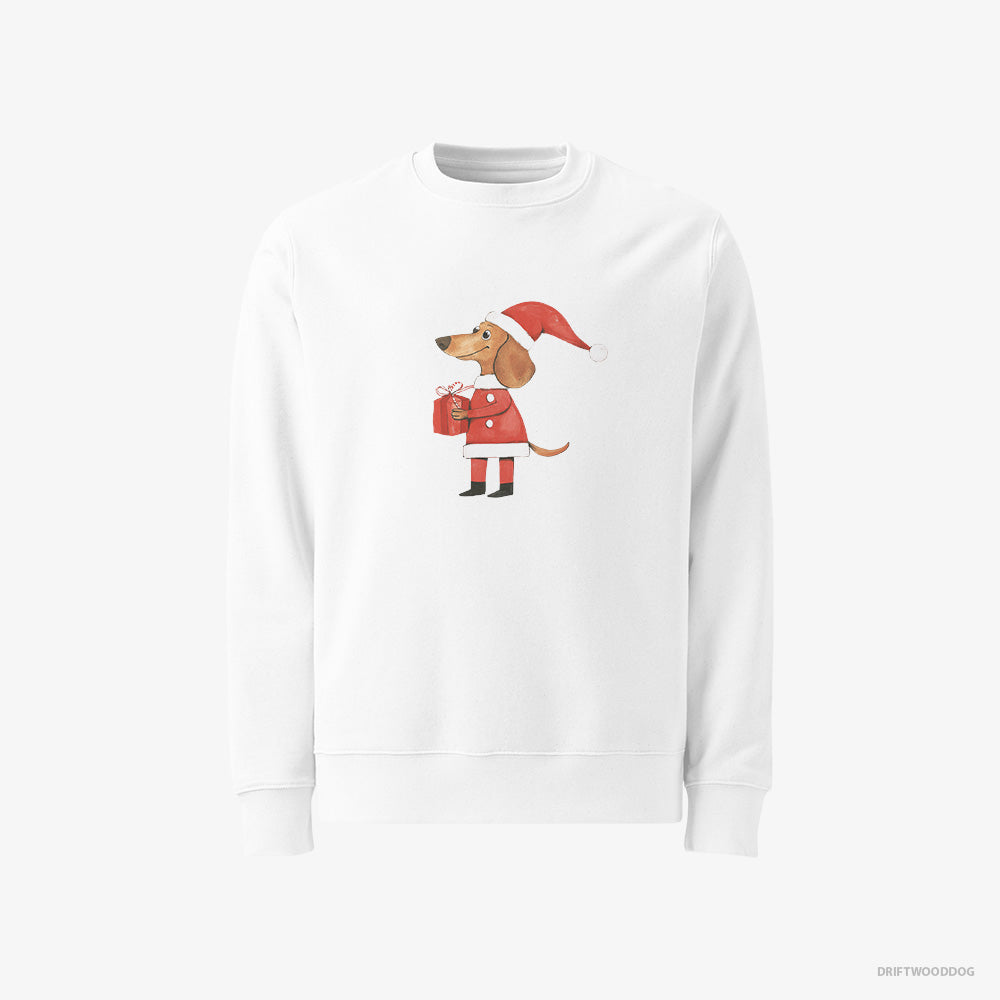 Dachshund Sweatshirt – Women White Sweatshirt Classic – Dressed as Santa with a Christmas Present (on White Background)