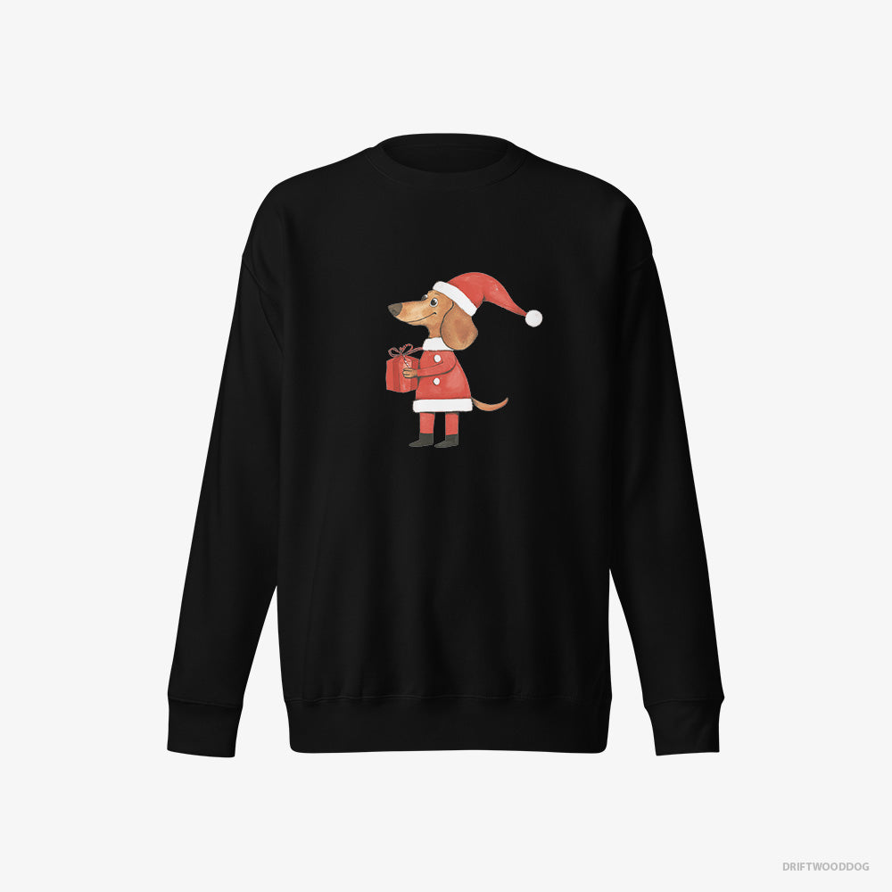 Dachshund Sweatshirt – Women Black Sweatshirt Eco-Friendly – Dressed as Santa with a Christmas Present (on White Background)