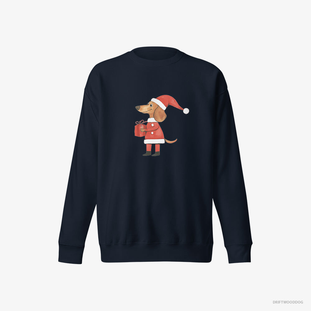 Dachshund Sweatshirt – Women Navy Sweatshirt Eco-Friendly – Dressed as Santa with a Christmas Present (on White Background)