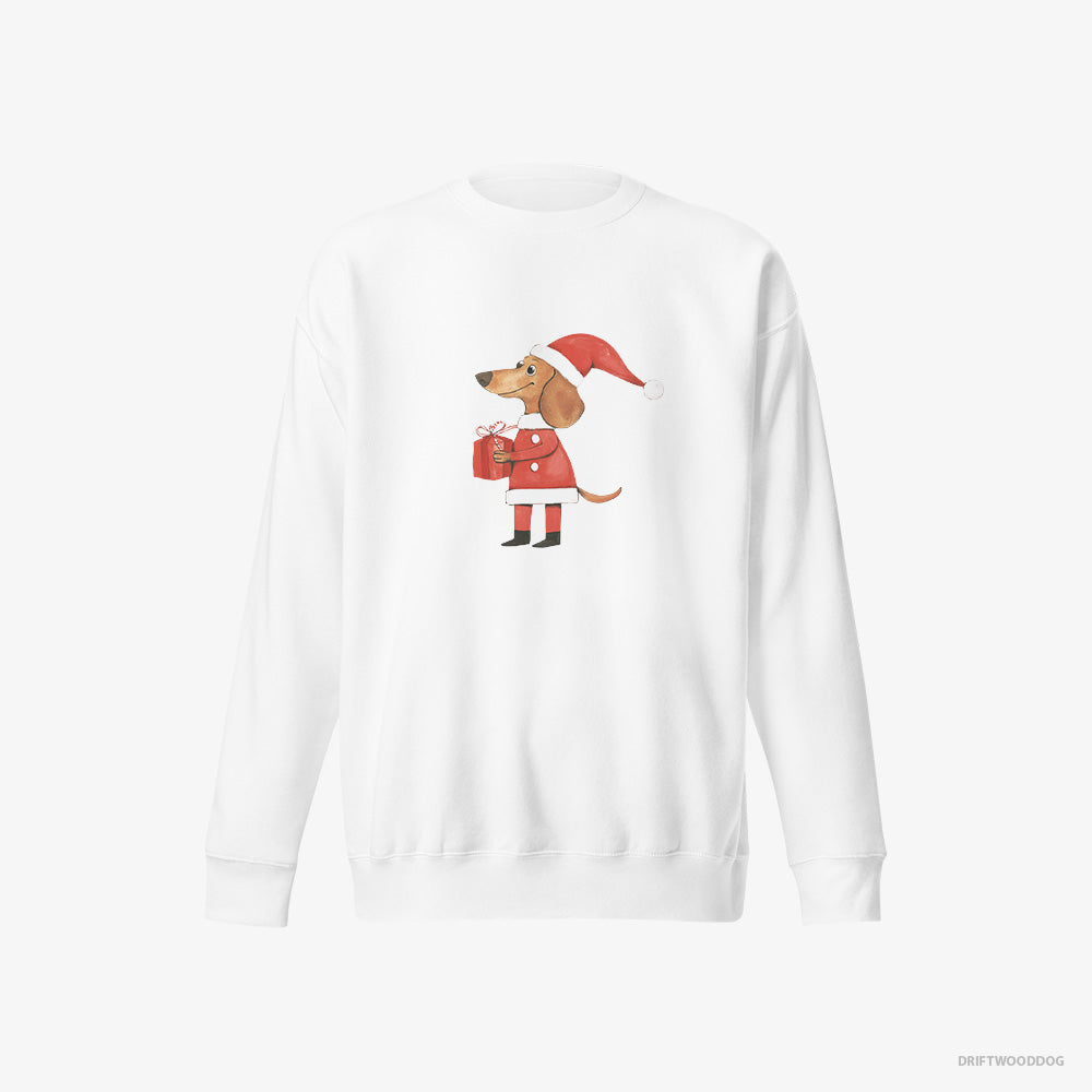 Dachshund Sweatshirt – Women White Sweatshirt Eco-Friendly – Dressed as Santa with a Christmas Present (on White Background)