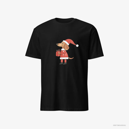 Dachshund T-Shirt – Women Black T-Shirt Classic – Dressed as Santa with a Christmas Present (on White Background)