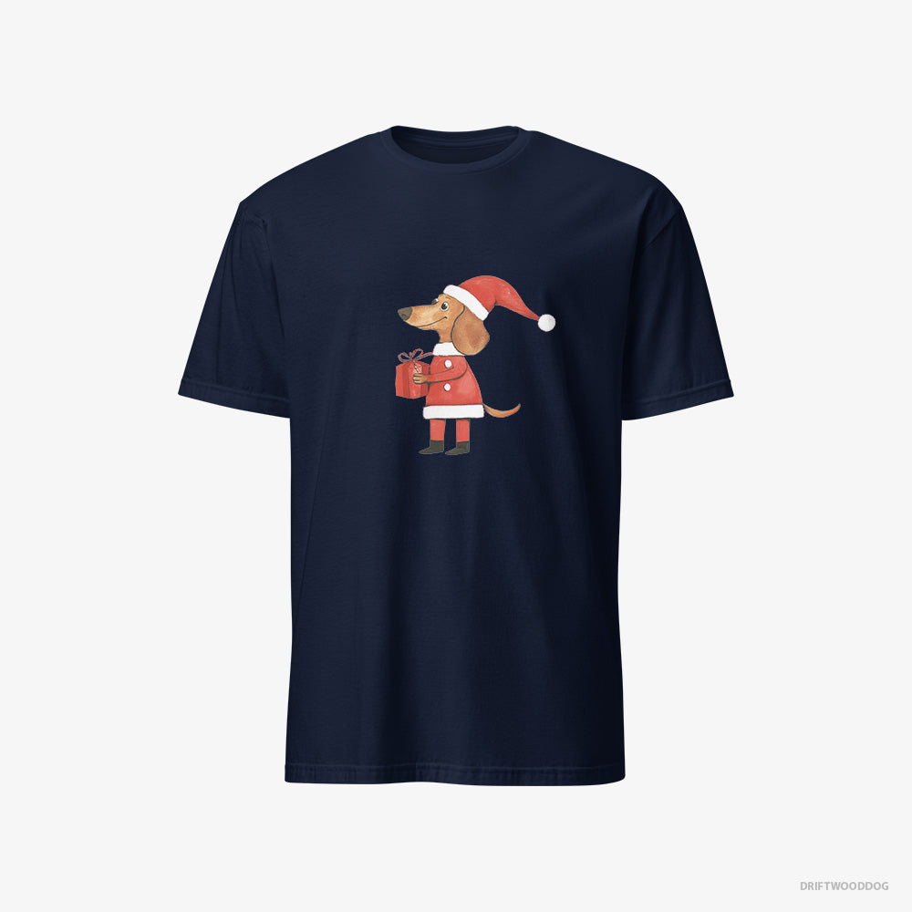 Dachshund T-Shirt – Women Navy T-Shirt Classic – Dressed as Santa with a Christmas Present (on White Background)