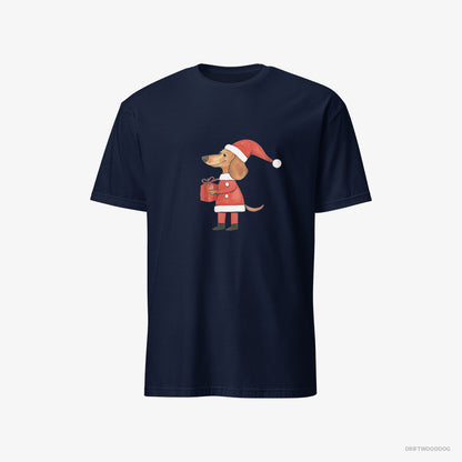 Dachshund Dressed as Santa with a Christmas Present Navy T-Shirt