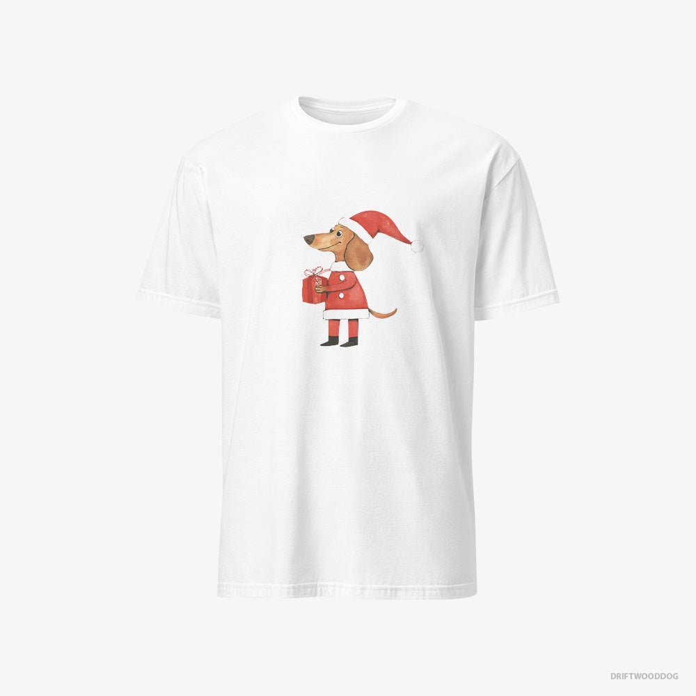 Dachshund T-Shirt – Women White T-Shirt Classic – Dressed as Santa with a Christmas Present (on White Background)