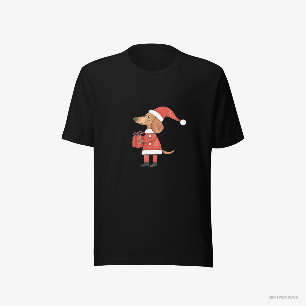 Dachshund T-Shirt – Women Black T-Shirt Eco-Friendly – Dressed as Santa with a Christmas Present (on White Background)