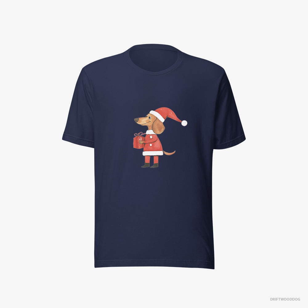 Dachshund T-Shirt – Women Navy T-Shirt Eco-Friendly – Dressed as Santa with a Christmas Present (on White Background)