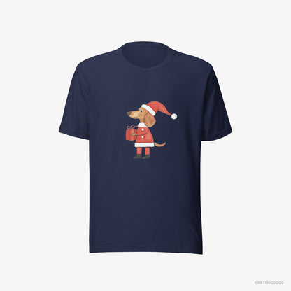 Dachshund Dressed as Santa with a Christmas Present Navy T-Shirt