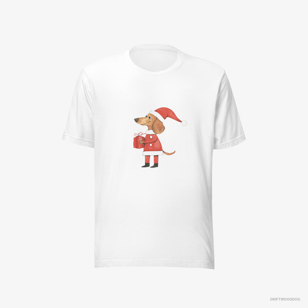 Dachshund T-Shirt – Women White T-Shirt Eco-Friendly – Dressed as Santa with a Christmas Present (on White Background)