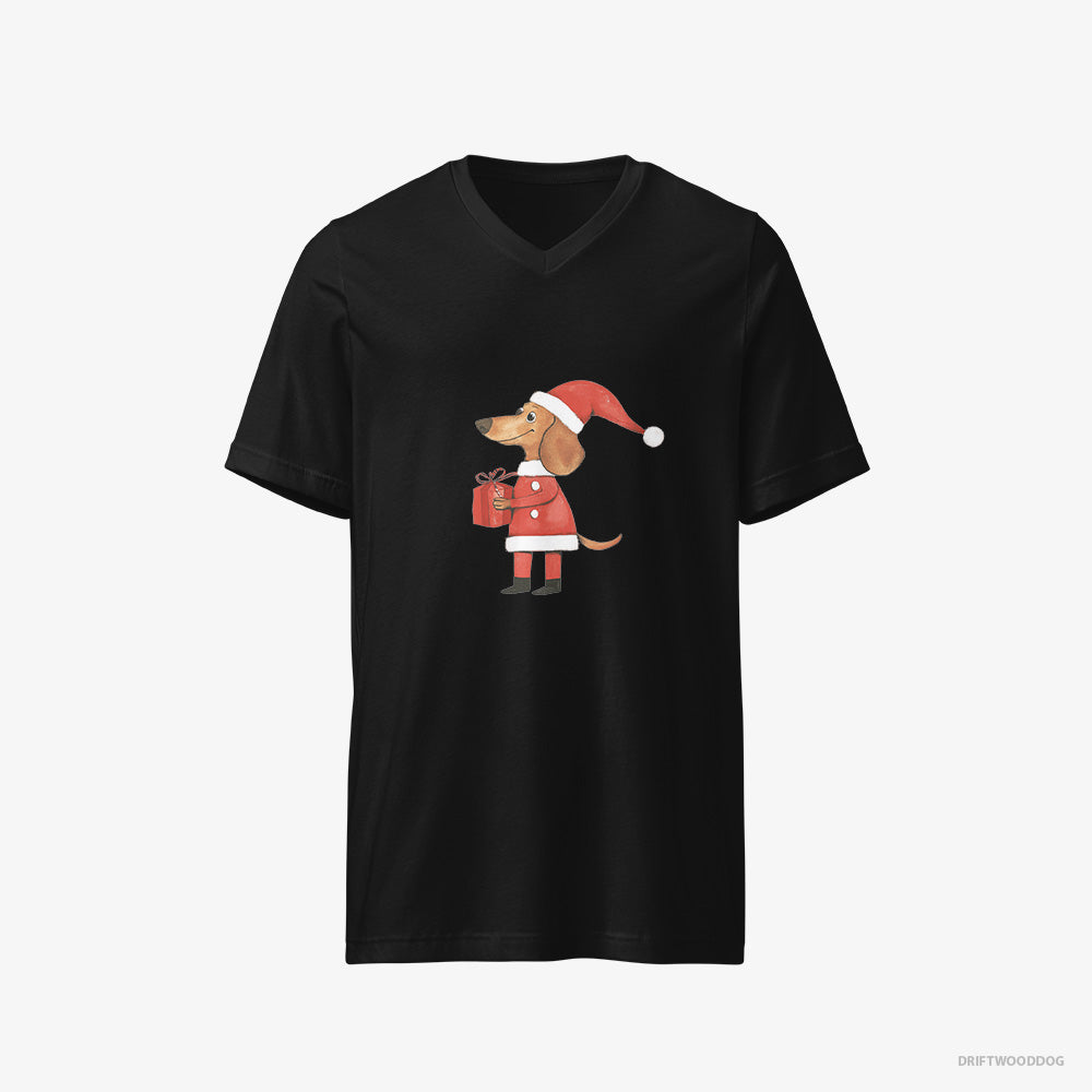 Dachshund T-Shirt – Women Black T-Shirt V-Neck – Dressed as Santa with a Christmas Present (on White Background)