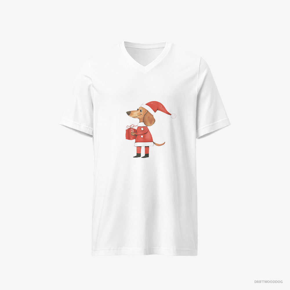 Dachshund T-Shirt – Women White T-Shirt V-Neck – Dressed as Santa with a Christmas Present (on White Background)