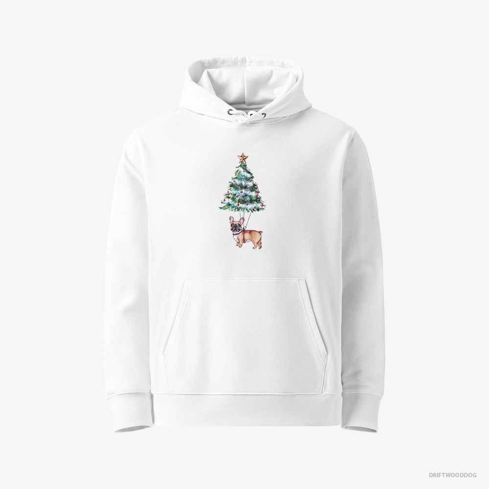 French Bulldog Hoodie – Women White Hoodie Eco-Friendly – Hanging from the Christmas Tree (on White Background)