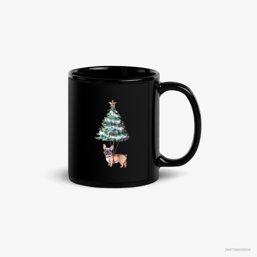 French Bulldog Mug – Unisex Black Mug Classic – Hanging from the Christmas Tree (on White Background)