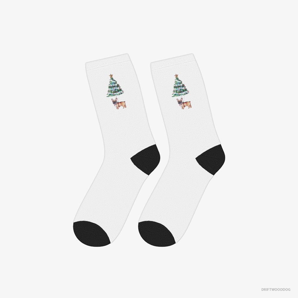 French Bulldog Socks – Unisex White Socks Classic – Hanging from the Christmas Tree (on White Background)