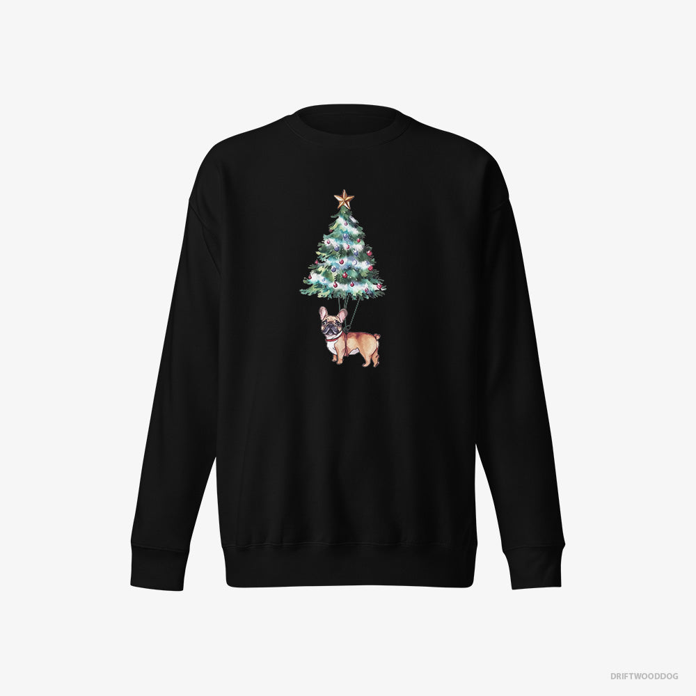 French Bulldog Sweatshirt – Men Black Sweatshirt Eco-Friendly – Hanging from the Christmas Tree (on White Background)