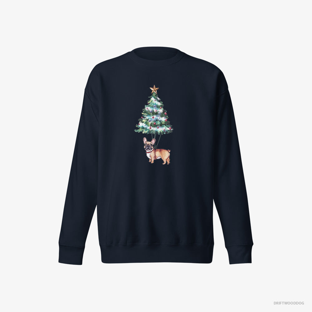 French Bulldog Sweatshirt – Men Navy Sweatshirt Eco-Friendly – Hanging from the Christmas Tree (on White Background)