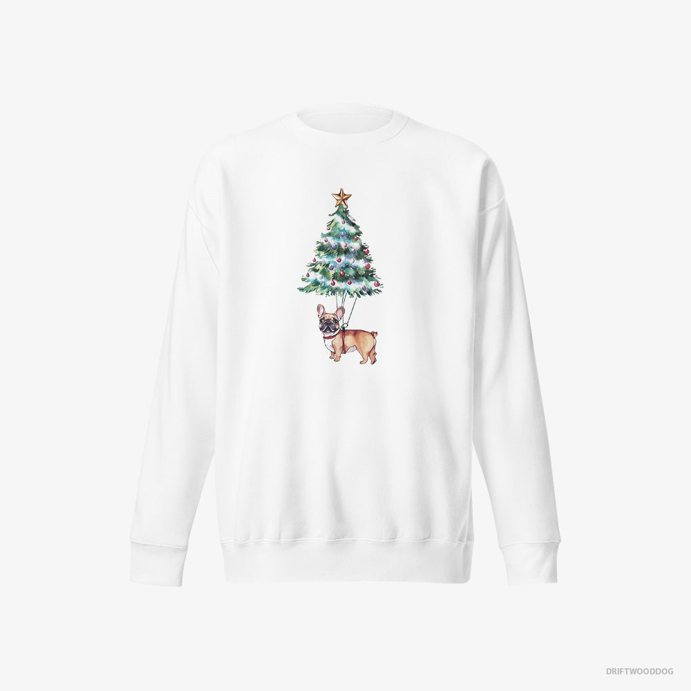 French Bulldog Sweatshirt – Men White Sweatshirt Eco-Friendly – Hanging from the Christmas Tree (on White Background)