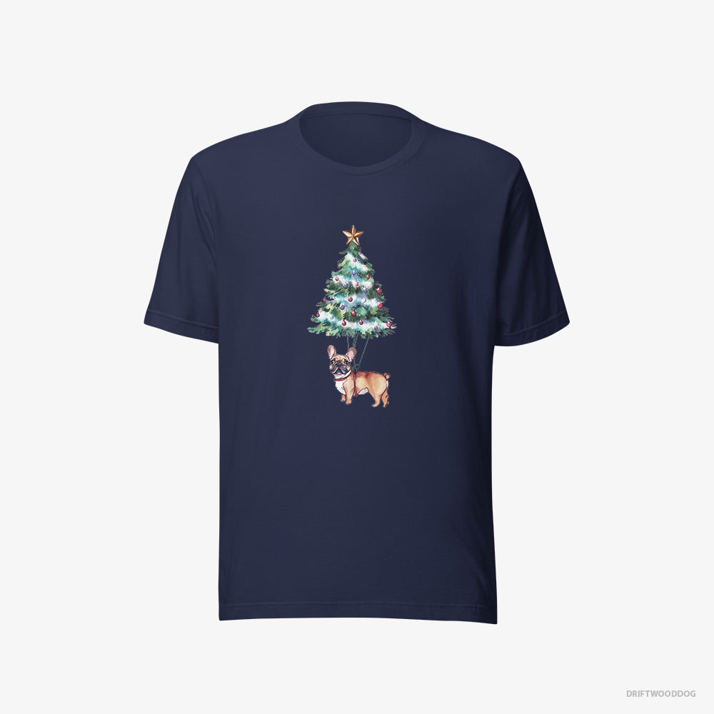 French Bulldog T-Shirt – Men Navy T-Shirt Eco-Friendly – Hanging from the Christmas Tree (on White Background)