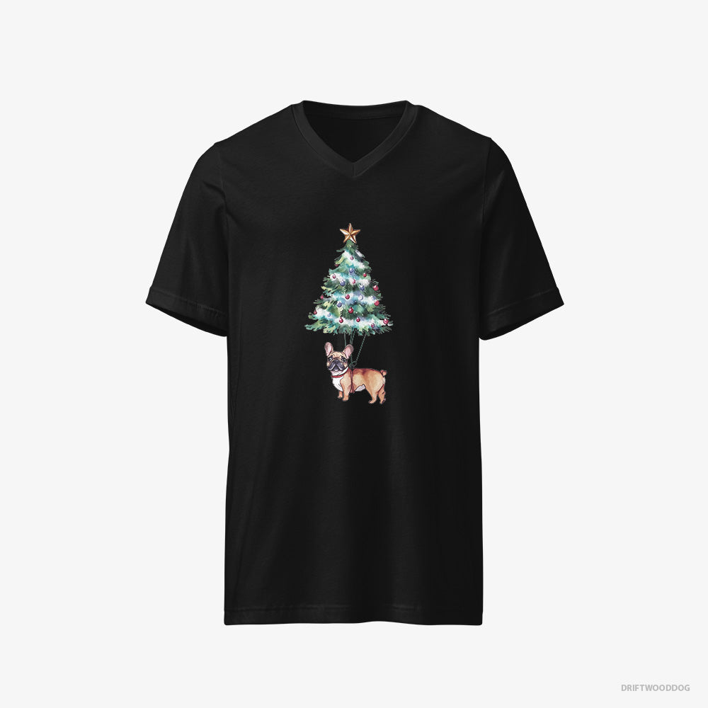 French Bulldog T-Shirt – Men Black T-Shirt V-Neck – Hanging from the Christmas Tree (on White Background)